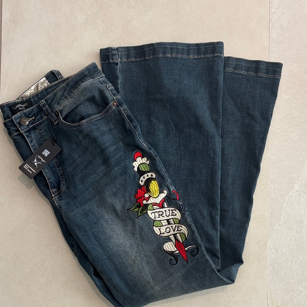 Ed Hardy Slim Flare Women's Multi Color Embroidery Blue Jeans Size 32 - Picture 3 of 6
